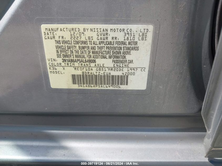 2010 Nissan Sentra 2.0S VIN: 3N1AB6AP5AL649006 Lot: 39719124