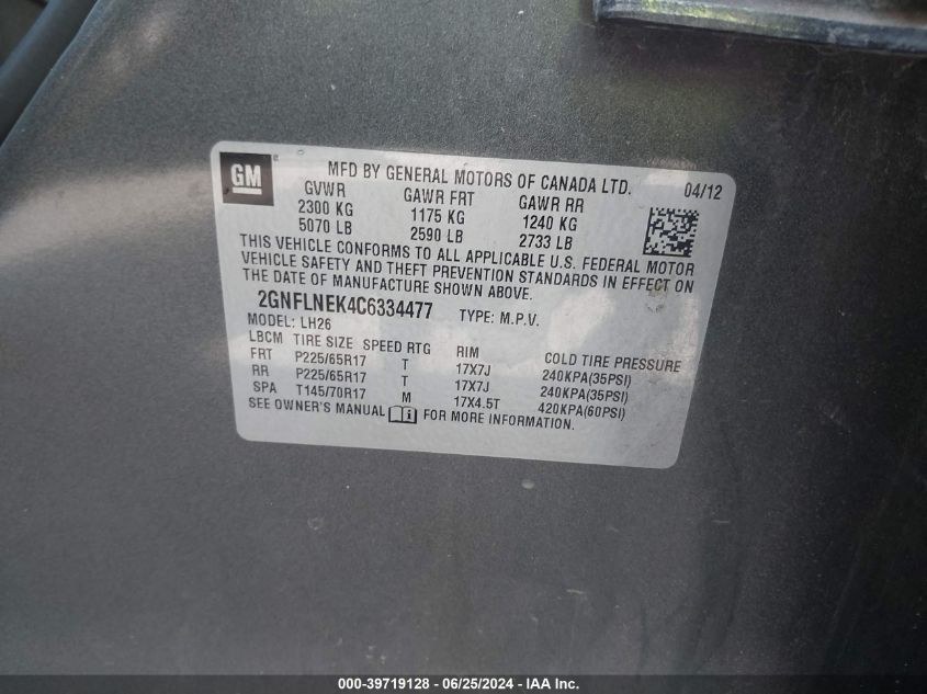 2012 Chevrolet Equinox 2Lt VIN: 2GNFLNEK4C6334477 Lot: 39719128