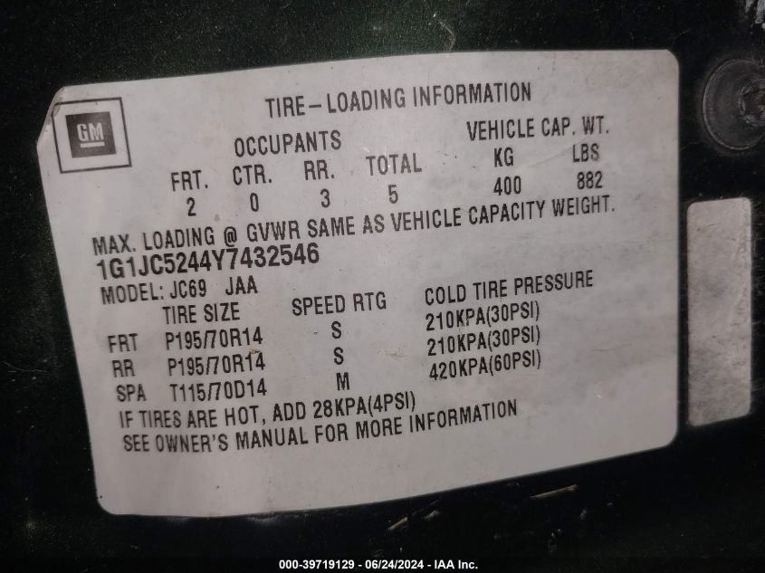 2000 Chevrolet Cavalier VIN: 1G1JC5244Y7432546 Lot: 39719129