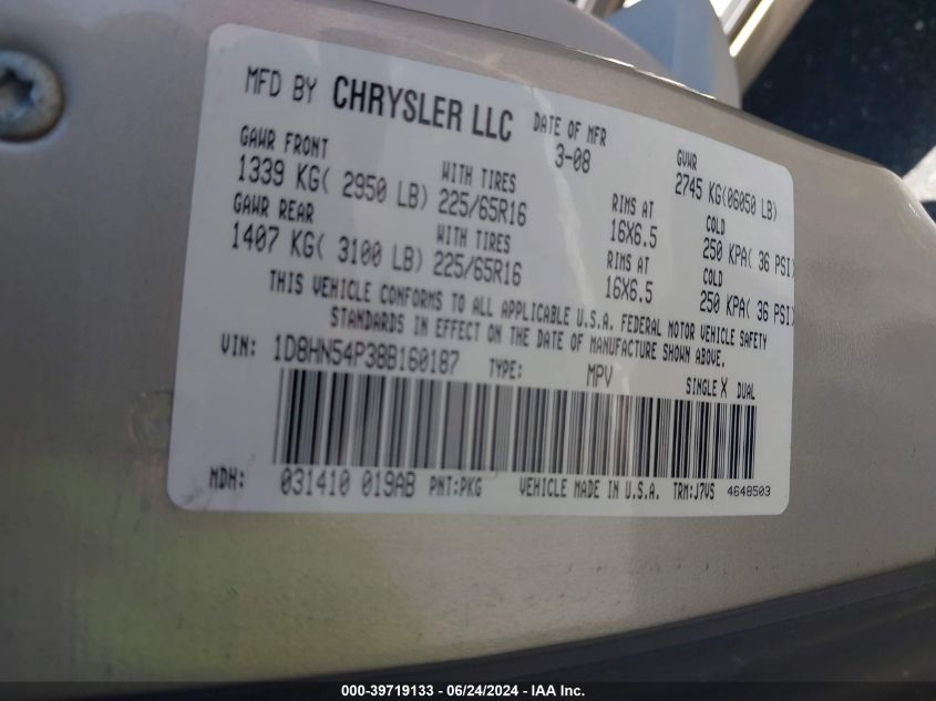 2008 Dodge Grand Caravan Sxt VIN: 1D8HN54P38B160187 Lot: 39719133