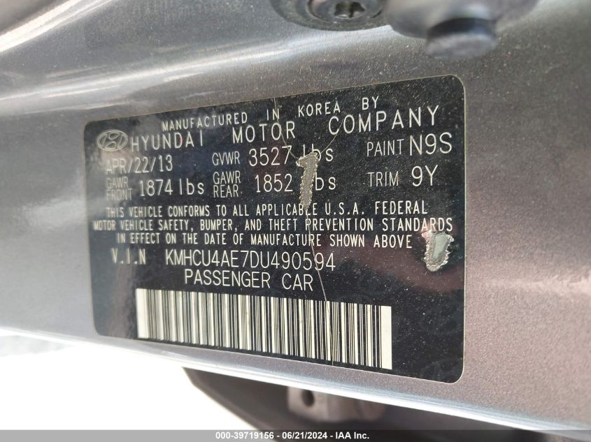 2013 Hyundai Accent Gls VIN: KMHCU4AE7DU490594 Lot: 39719156