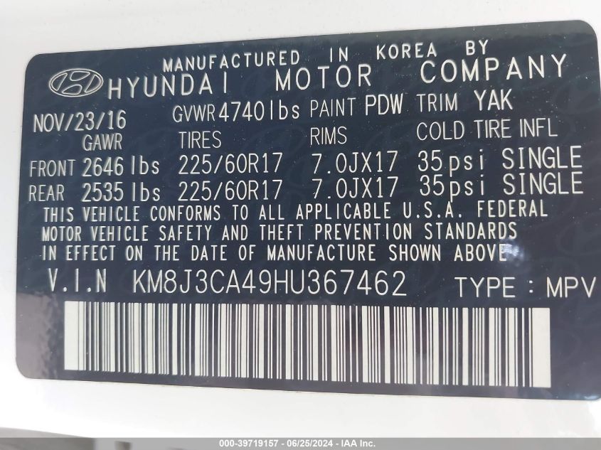 KM8J3CA49HU367462 2017 Hyundai Tucson Se Plus