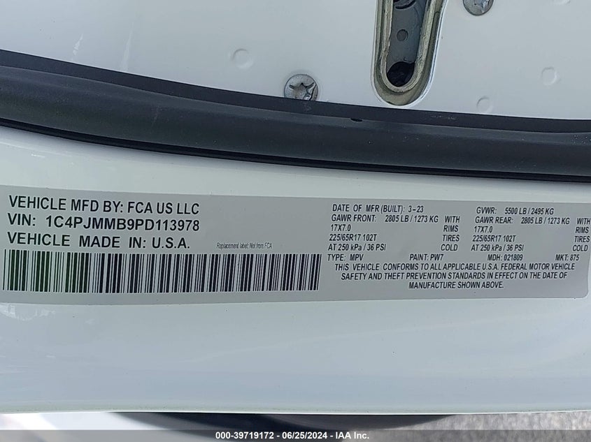 2023 Jeep Cherokee Altitude Lux 4X4 VIN: 1C4PJMMB9PD113978 Lot: 39719172