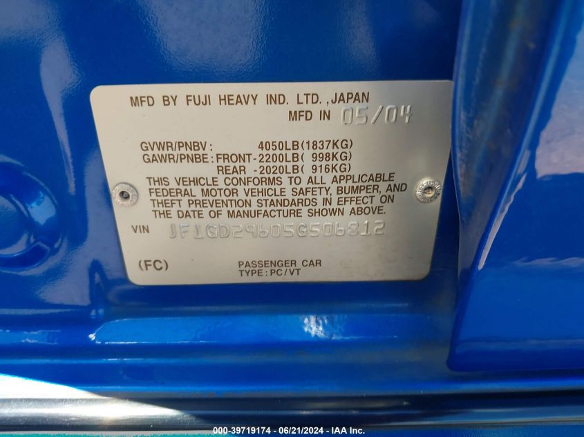 2005 Subaru Impreza Wrx VIN: JF1GD29605G506812 Lot: 39719174