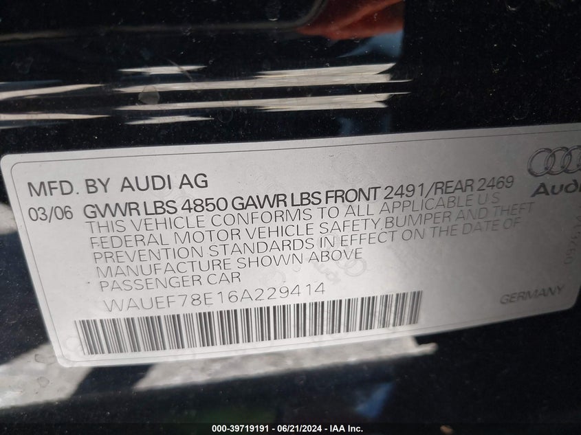 2006 Audi A4 2.0T VIN: WAUEF78E16A229414 Lot: 39719191
