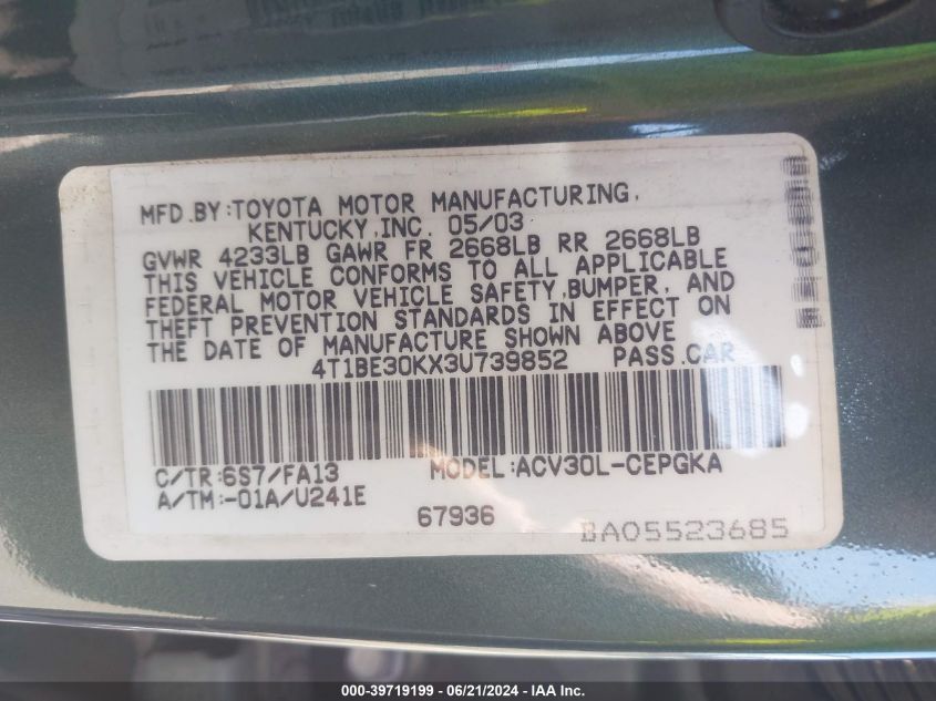 2003 Toyota Camry Xle VIN: 4T1BE30KX3U739852 Lot: 39719199