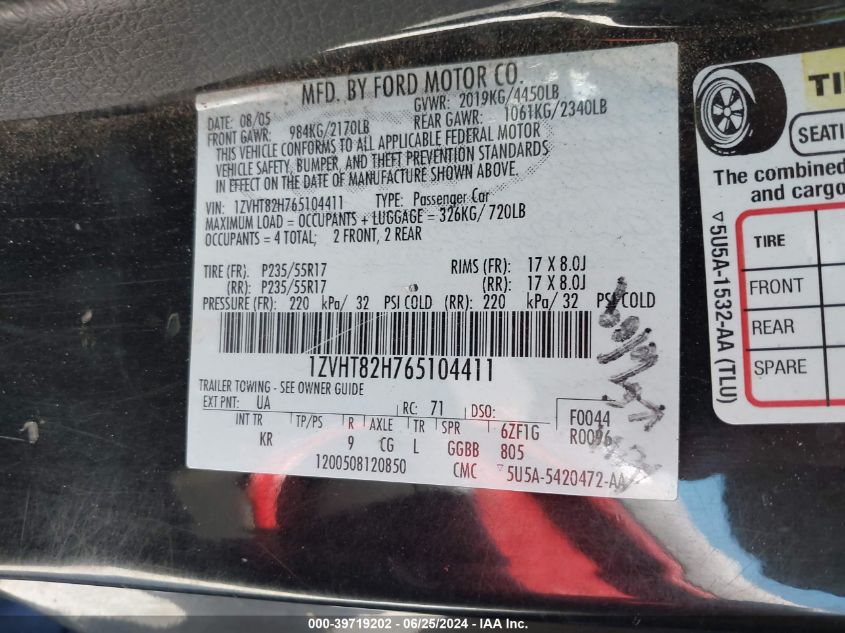 2006 Ford Mustang Gt VIN: 1ZVHT82H765104411 Lot: 39719202