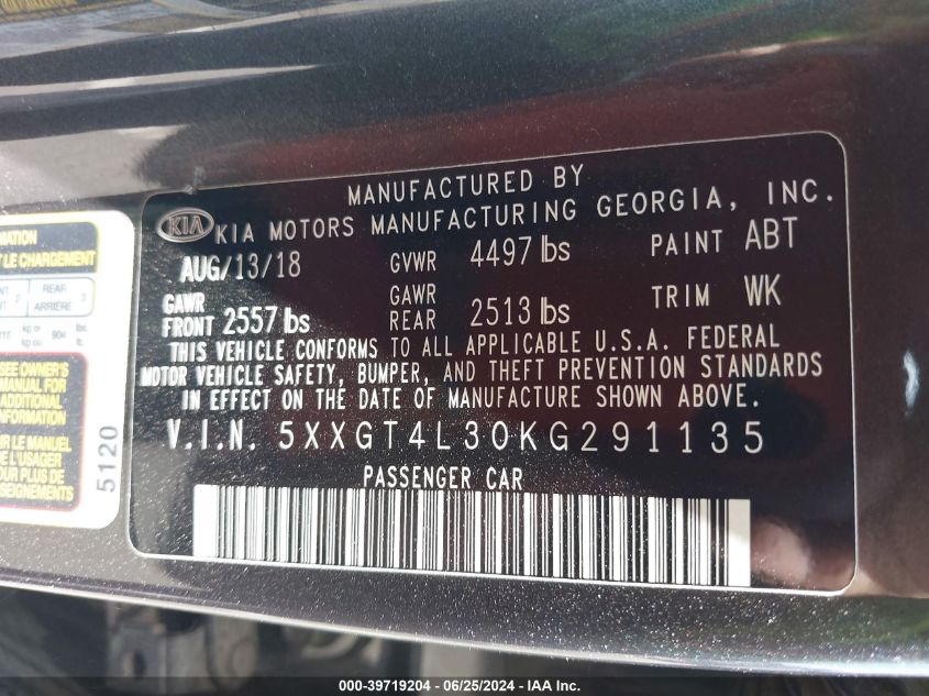 2019 Kia Optima Lx VIN: 5XXGT4L30KG291135 Lot: 39719204