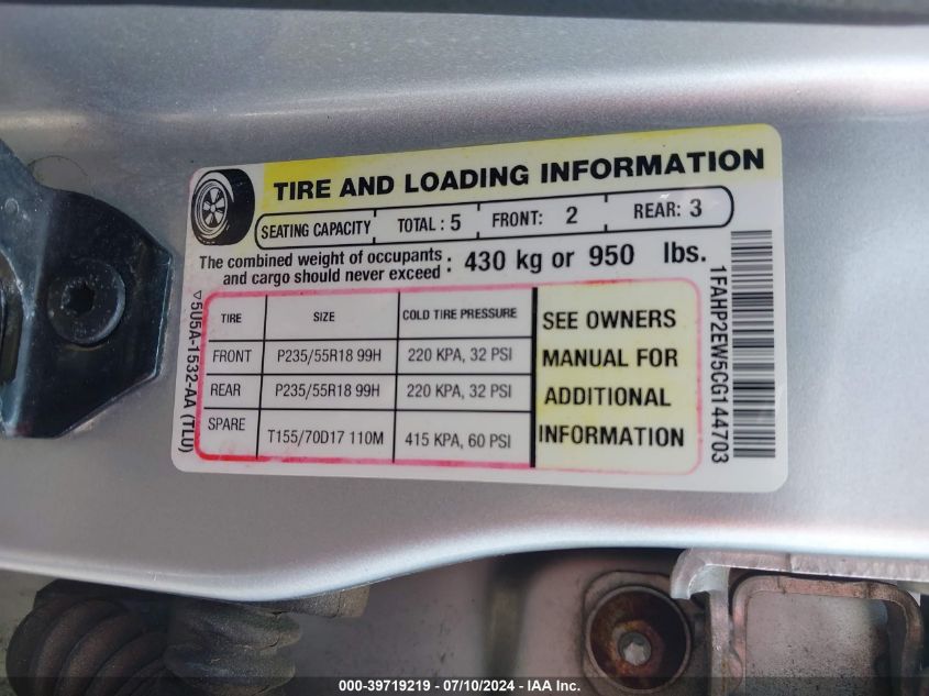 2012 Ford Taurus Sel VIN: 1FAHP2EW5CG144703 Lot: 39719219