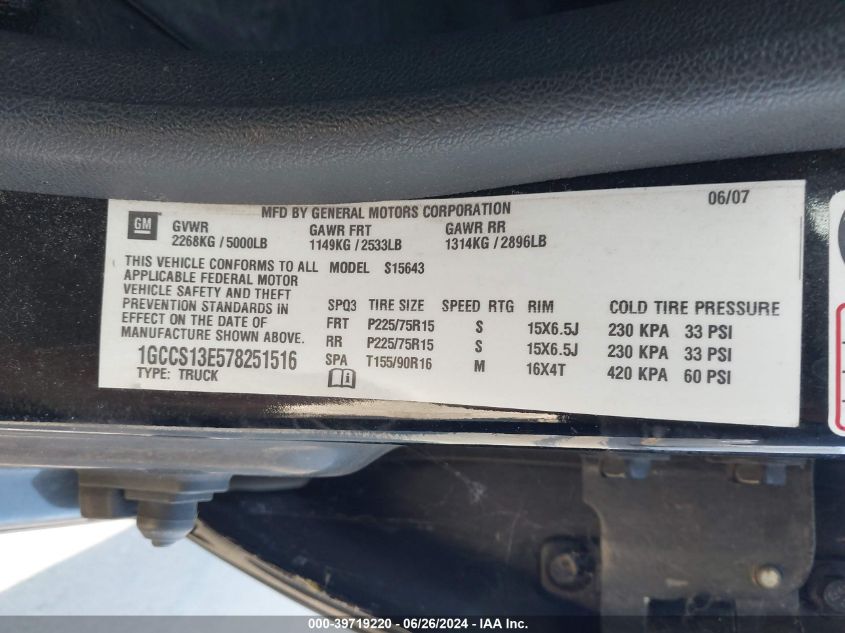2007 Chevrolet Colorado Lt VIN: 1GCCS13E578251516 Lot: 39719220