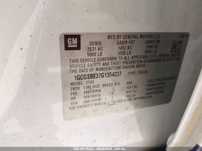 2016 Chevrolet Colorado Wt VIN: 1GCGSBE37G1354237 Lot: 39719222