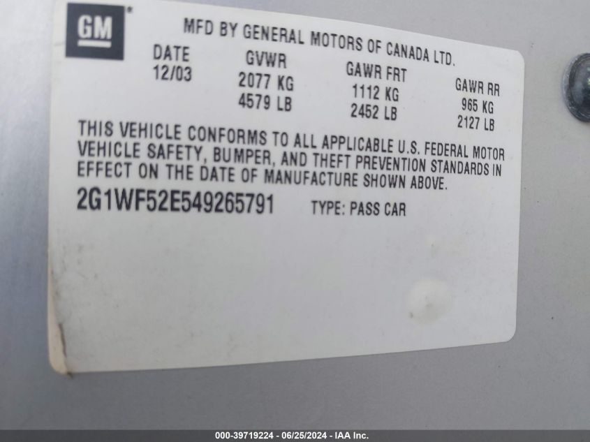 2004 Chevrolet Impala VIN: 2G1WF52E549265791 Lot: 39719224