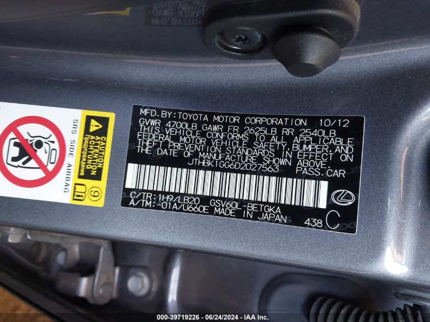 2013 Lexus Es 350 VIN: JTHBK1GG6D2027563 Lot: 39719226