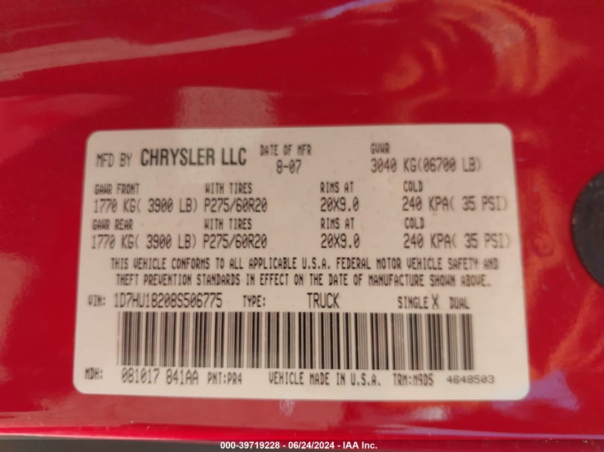 2008 Dodge Ram 1500 Slt VIN: 1D7HU18208S506775 Lot: 39719228