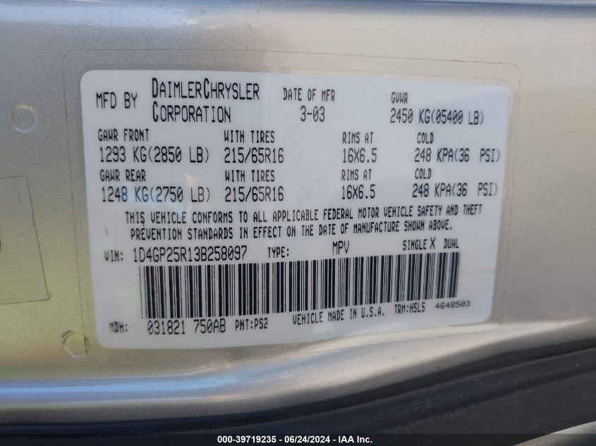 2003 Dodge Caravan Se VIN: 1D4GP25R13B258097 Lot: 39719235