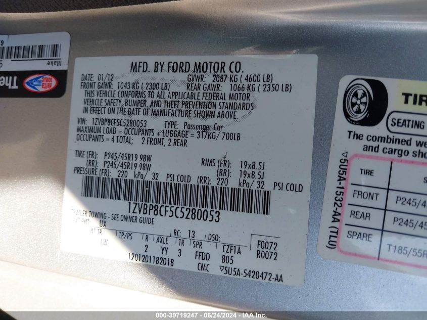 2012 Ford Mustang Gt Premium VIN: 1ZVBP8CF5C5280053 Lot: 39719247