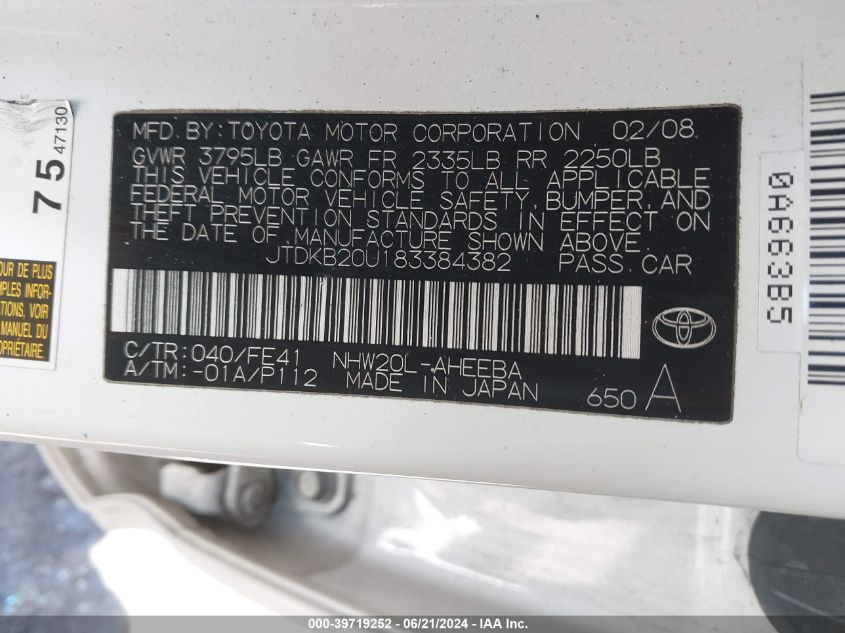 2008 Toyota Prius VIN: JTDKB20U183384382 Lot: 39719252