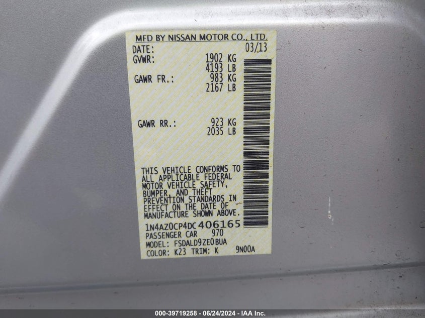 2013 Nissan Leaf Sv VIN: 1N4AZ0CP4DC406165 Lot: 39719258