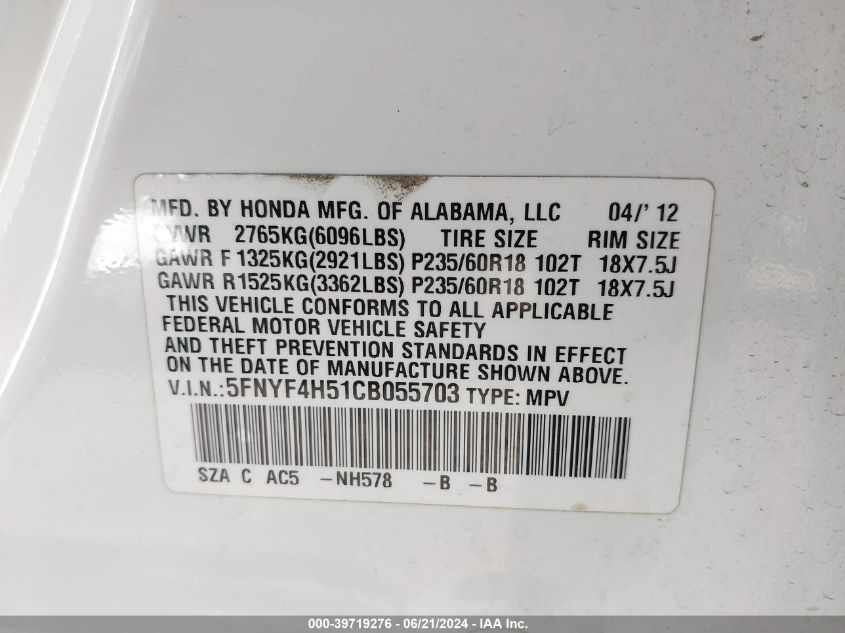 2012 Honda Pilot Ex-L VIN: 5FNYF4H51CB055703 Lot: 39719276