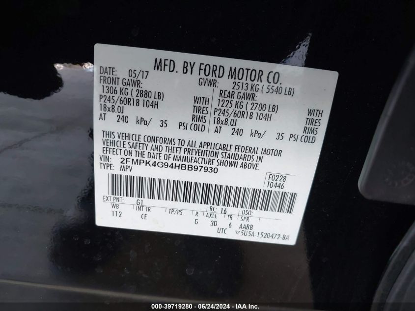 2017 Ford Edge Se VIN: 2FMPK4G94HBB97930 Lot: 39719280