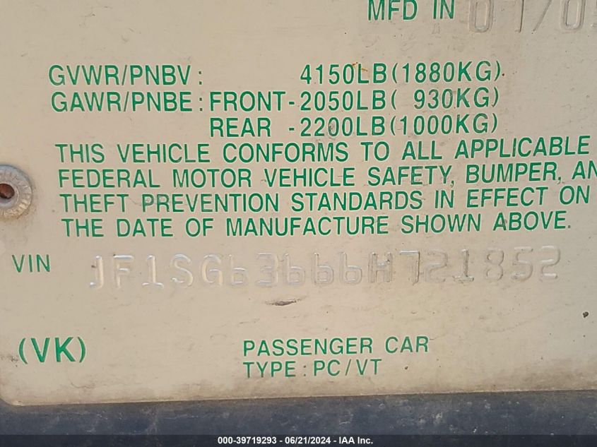 2006 Subaru Forester 2.5X VIN: JF1SG63666H721852 Lot: 39719293