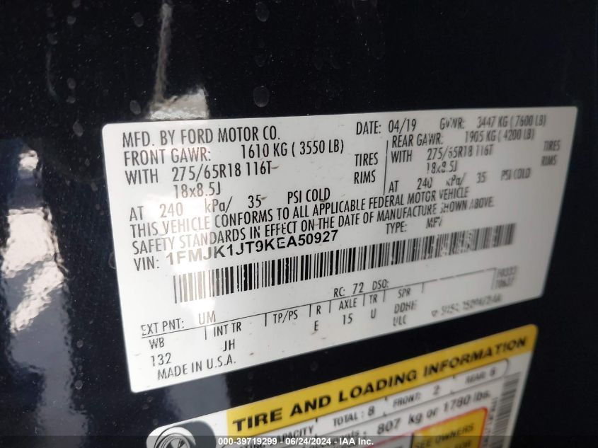 2019 Ford Expedition Max Xlt VIN: 1FMJK1JT9KEA50927 Lot: 39719299
