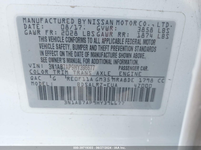 2017 Nissan Sentra Sr VIN: 3N1AB7AP9HY396677 Lot: 39719303