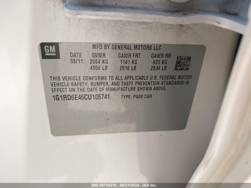 2012 Chevrolet Volt VIN: 1G1RD6E46CU105741 Lot: 39719310