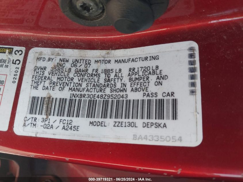 2008 Toyota Corolla S VIN: 1NXBR30E48Z952043 Lot: 39719321