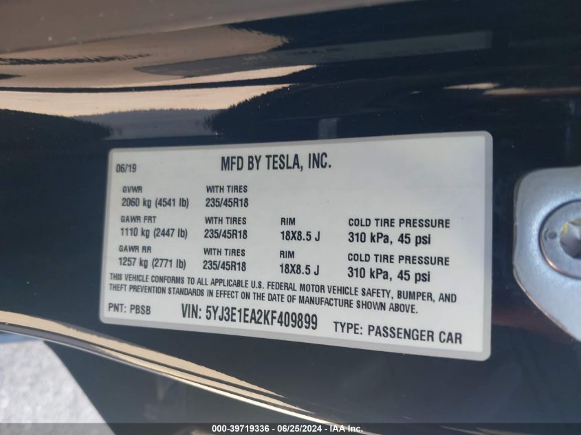 2019 Tesla Model 3 VIN: 5YJ3E1EA2KF409899 Lot: 39719336