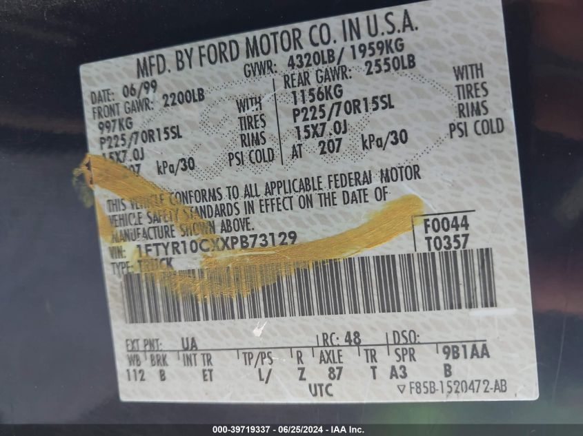 1999 Ford Ranger Xl/Xlt VIN: 1FTYR10CXXPB73129 Lot: 39719337