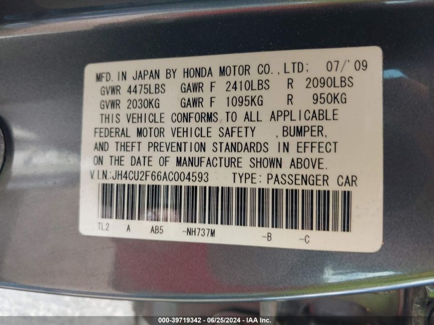 2010 Acura Tsx 2.4 VIN: JH4CU2F66AC004593 Lot: 39719342