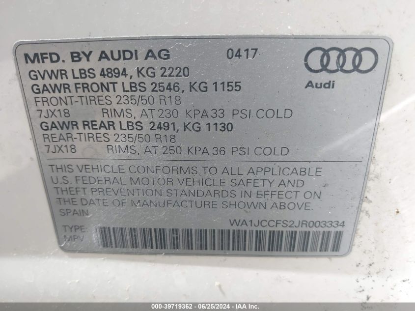 2018 AUDI Q3 2.0T PREMIUM/2.0T SPORT PREMIUM - WA1JCCFS2JR003334