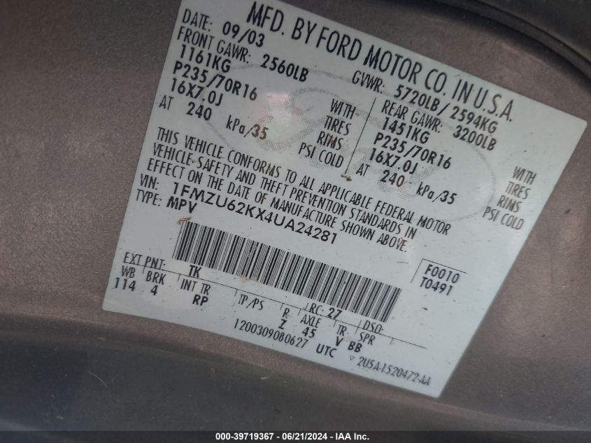 2004 Ford Explorer Xls VIN: 1FMZU62KX4UA24281 Lot: 39719367