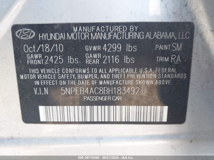 5NPEB4AC8BH183492 | 2011 HYUNDAI SONATA