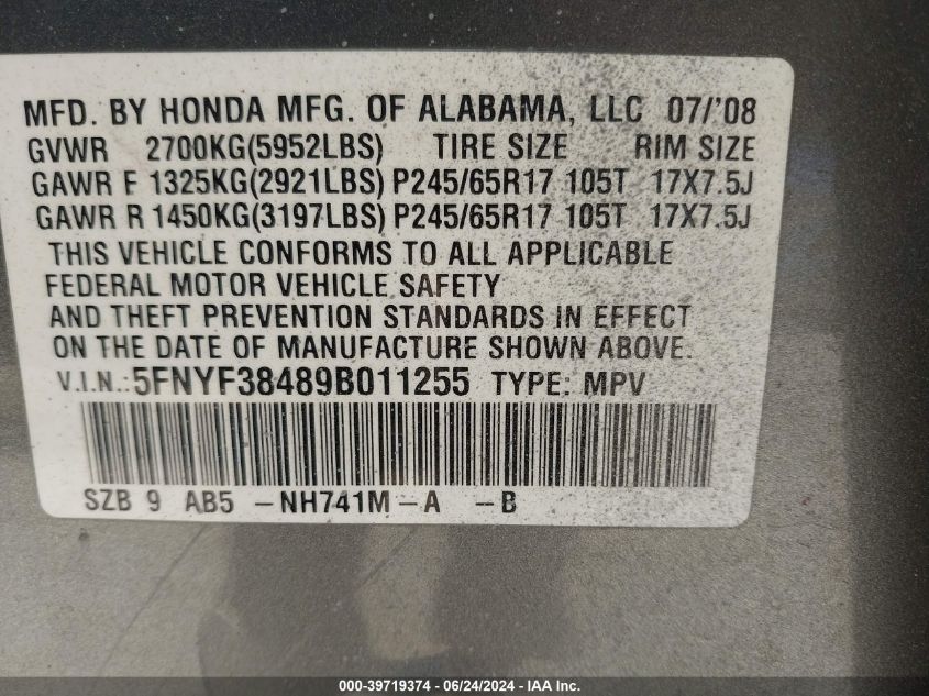 2009 Honda Pilot Ex VIN: 5FNYF38489B011255 Lot: 39719374
