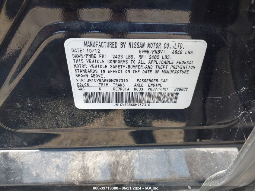 2013 Infiniti G37X VIN: JN1CV6AR6DM757310 Lot: 39719380