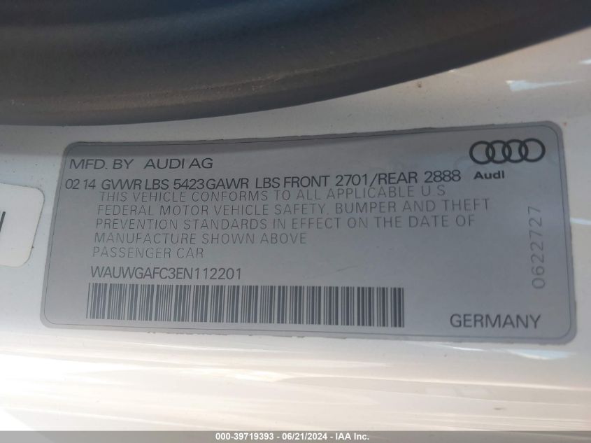 2014 Audi A7 3.0T Premium Plus VIN: WAUWGAFC3EN112201 Lot: 39719393