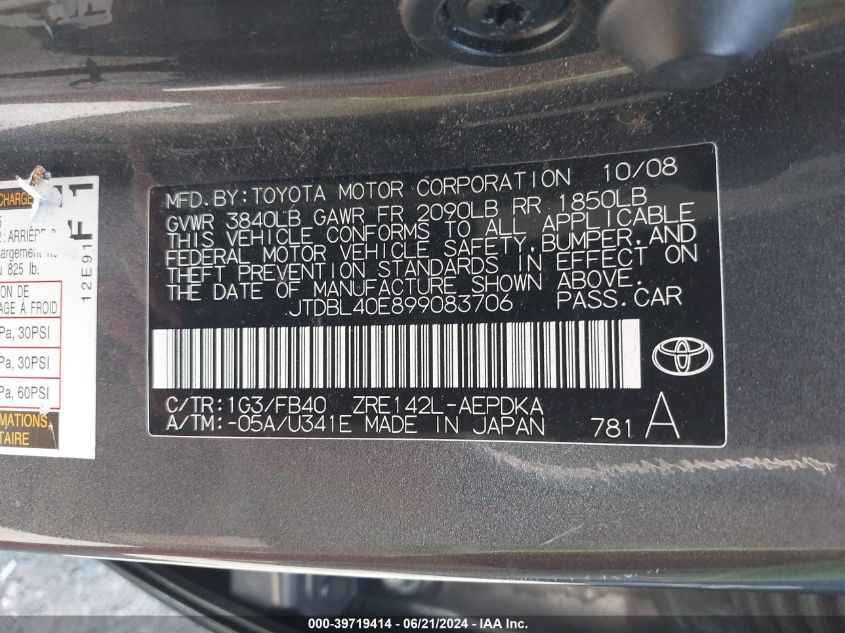 2009 Toyota Corolla Le VIN: JTDBL40E899083706 Lot: 39719414