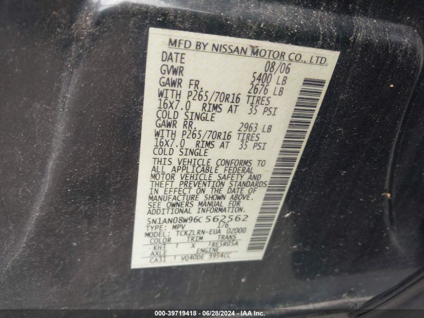 2006 Nissan Xterra S VIN: 5N1AN08W96C562562 Lot: 39719418