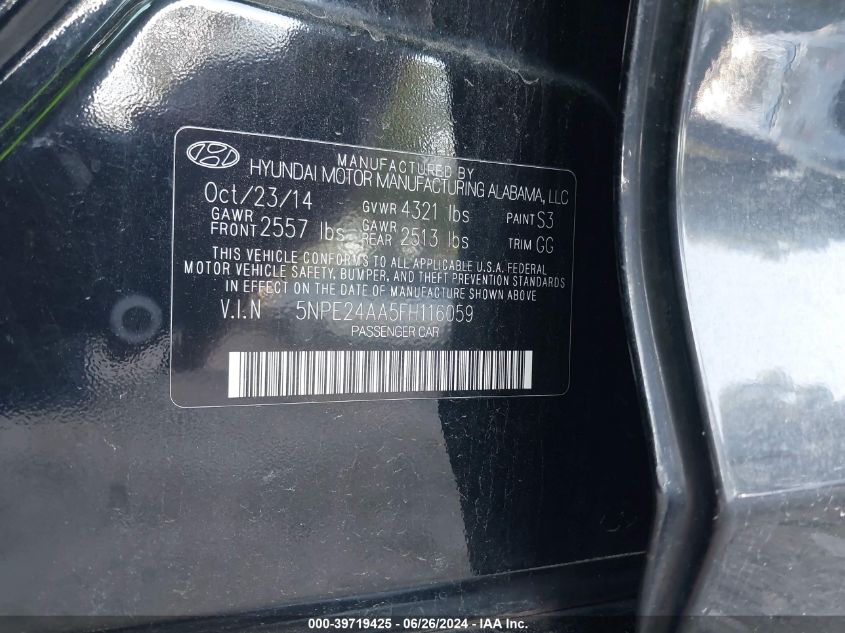 2015 Hyundai Sonata Eco VIN: 5NPE24AA5FH116059 Lot: 39719425