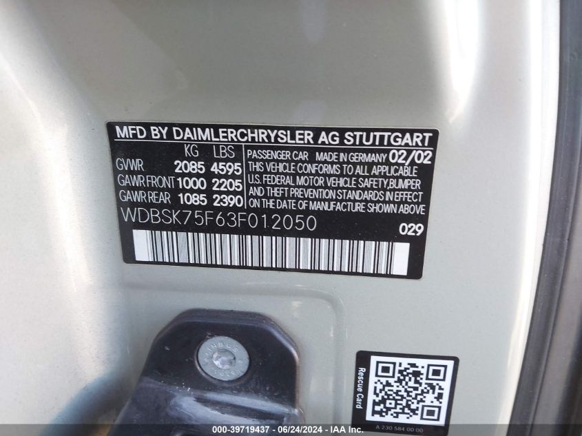 2003 Mercedes-Benz Sl 500 VIN: WDBSK75F63F012050 Lot: 39719437