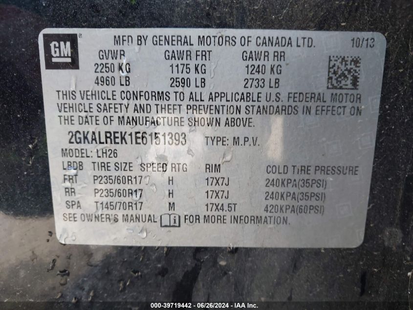 2014 GMC Terrain Sle-2 VIN: 2GKALREK1E6151393 Lot: 39719442