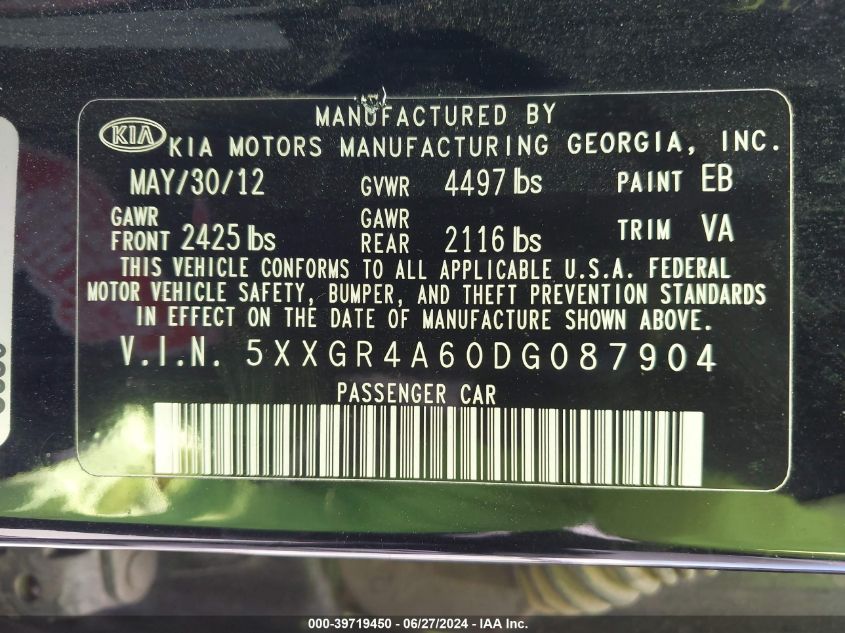 2013 Kia Optima Sx VIN: 5XXGR4A60DG087904 Lot: 39719450