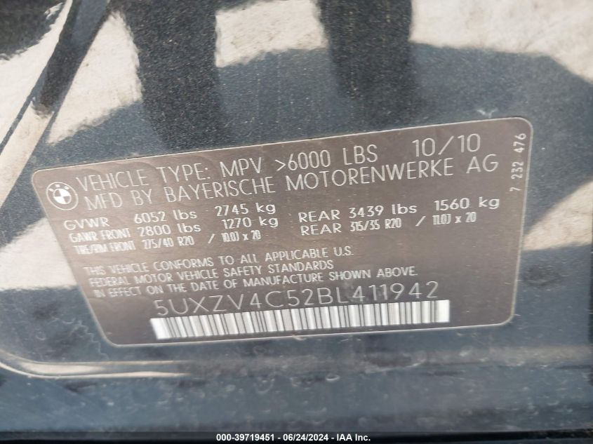 2011 BMW X5 xDrive35I/xDrive35I Premium/xDrive35I Sport Activity VIN: 5UXZV4C52BL411942 Lot: 39719451