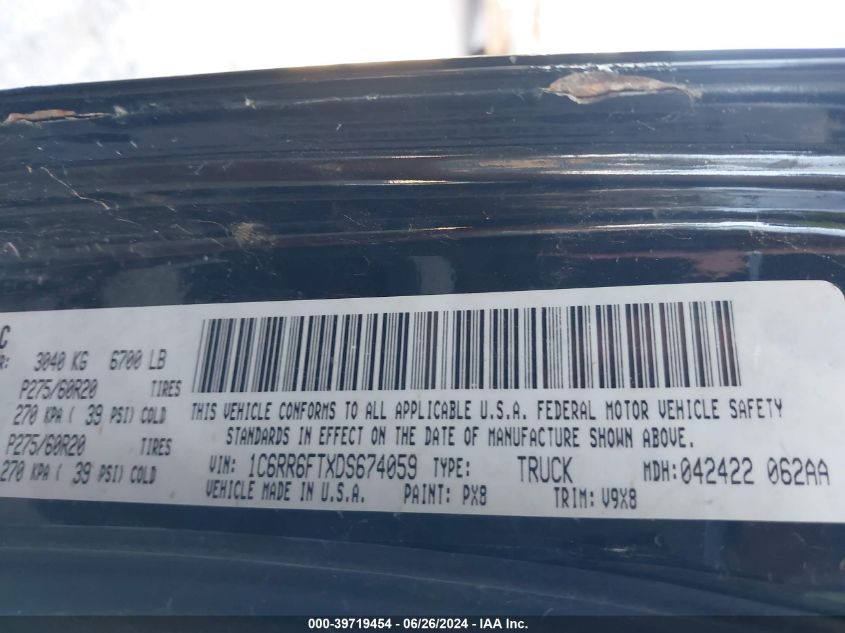 2013 Ram 1500 Express VIN: 1C6RR6FTXDS674059 Lot: 39719454