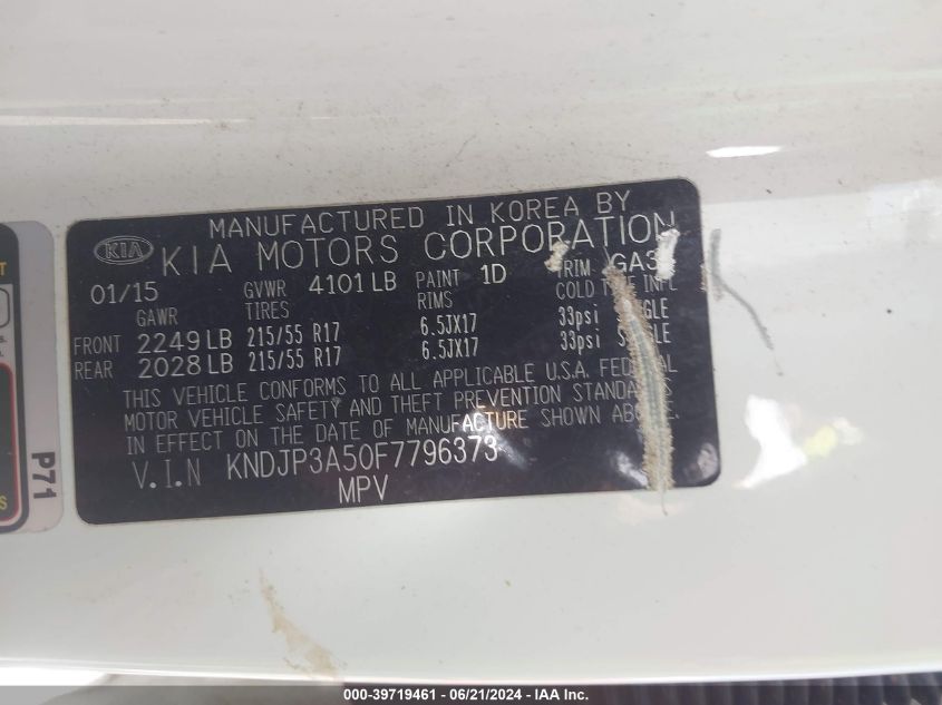 2015 Kia Soul + VIN: KNDJP3A50F7796373 Lot: 39719461