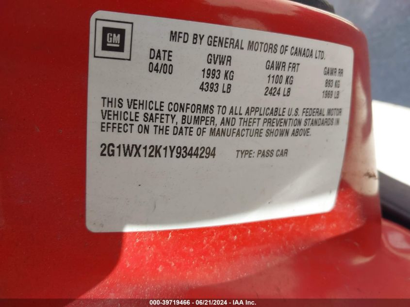 2000 Chevrolet Monte Carlo Ss VIN: 2G1WX12K1Y9344294 Lot: 39719466