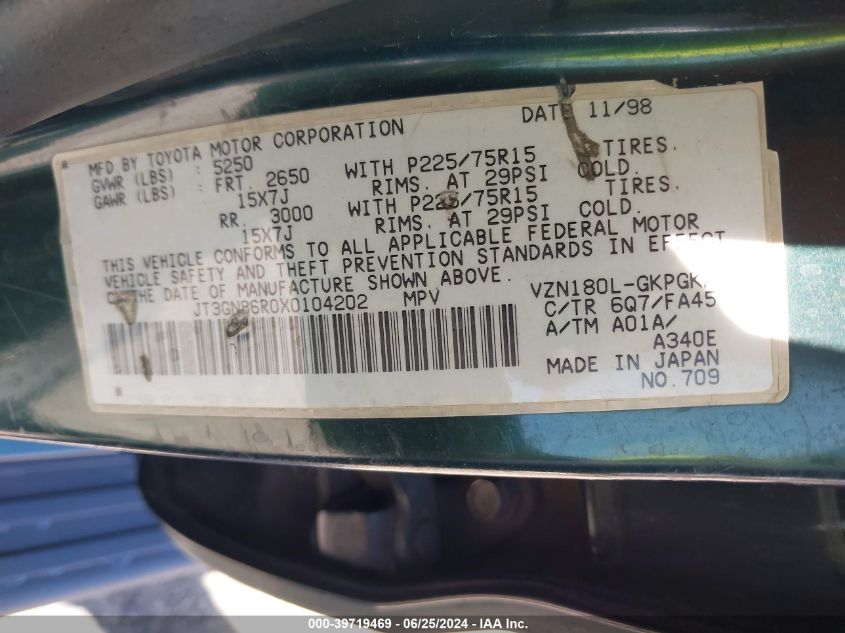 1999 Toyota 4Runner Sr5 V6 VIN: JT3GN86R0X0104202 Lot: 39719469