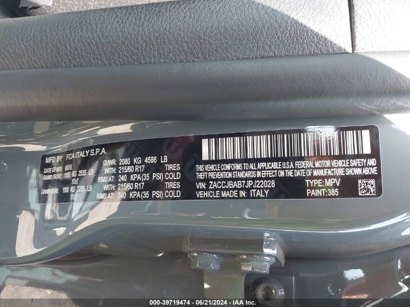 2018 Jeep Renegade Sport 4X4 VIN: ZACCJBAB7JPJ22028 Lot: 39719474